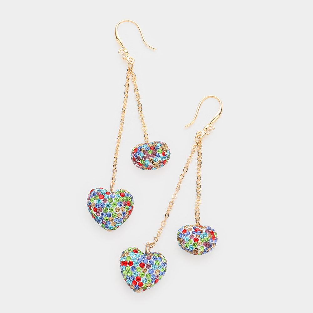 iLLASPARKZ Dropped Rhinestone Pave Double Heart Dangle Earrings