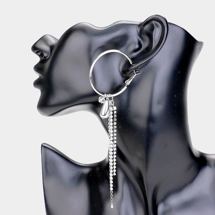 iLLASPARKZ Metal Flower Rhinestone Pave Tassel Hoop Earrings