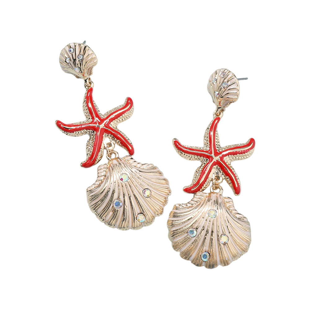 iLLASPARKZ Stone Paved Shell Enamel Starfish Link Dropdown Dangle Earrings