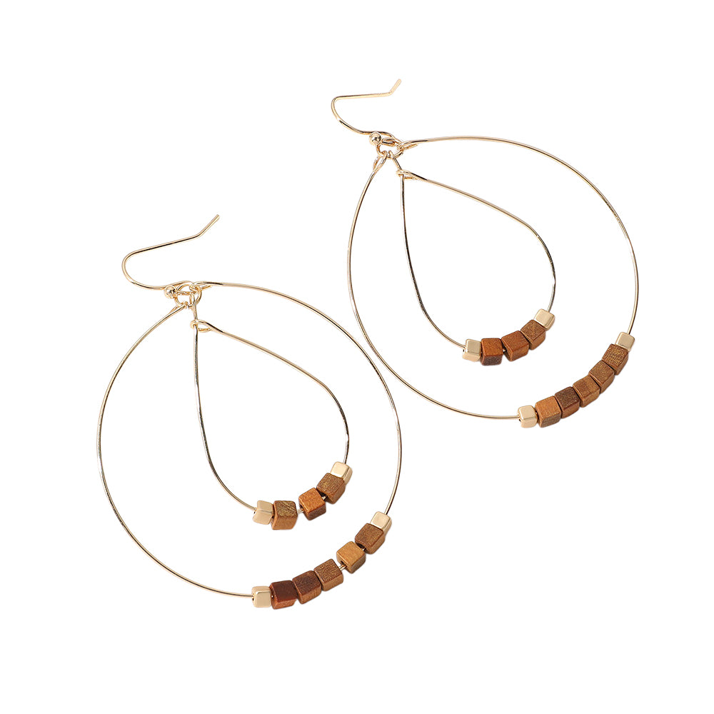 iLLASPARKZ Wooden Cube Beaded Metal Wire Teardrop Round Layered Dangle Earrings