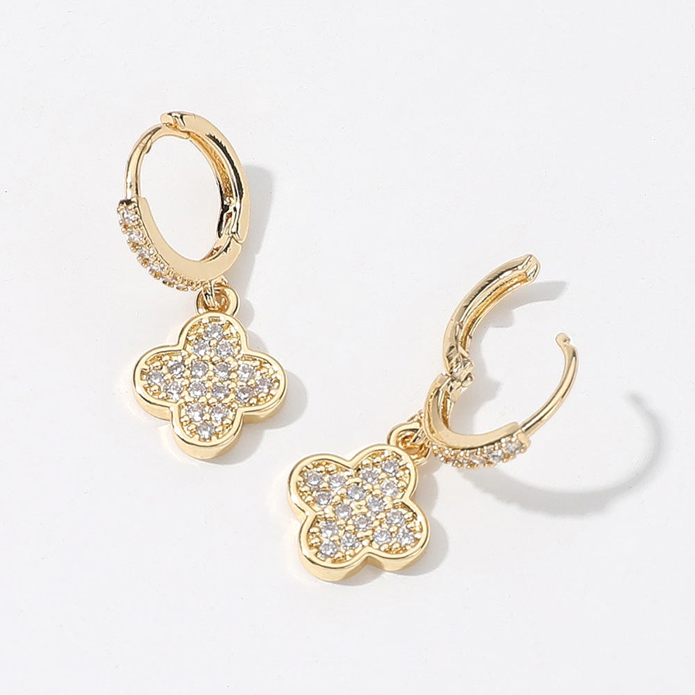 iLLASPARKZ SECRET BOX_14K Gold Dipped CZ Stone Paved Quatrefoil Dangle Huggie Earrings