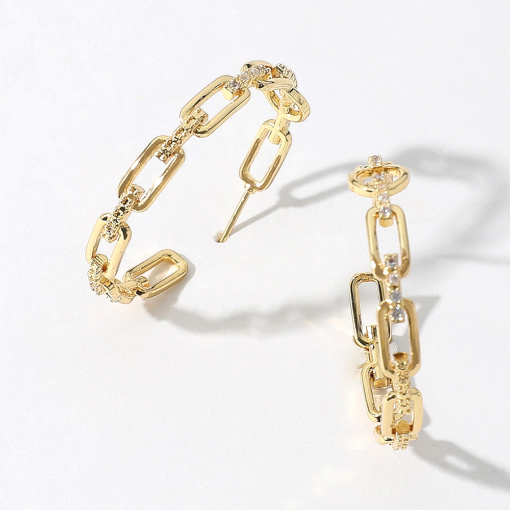 iLLASPARKZ SECRET BOX_14K Gold Dipped CZ Stone Paved Chain Link Hoop Earrings