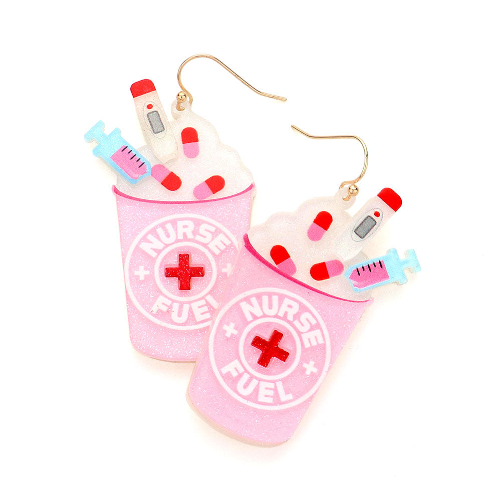 iLLASPARKZ Nurse Fuel Message Glittered Resin Syringe Thermometer Pills Pointed Latte Dangle Earrings