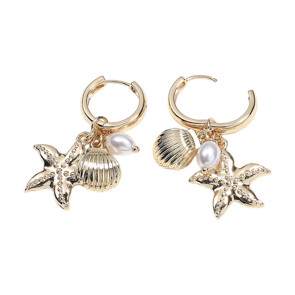 iLLASPARKZ Metal Starfish Sea Shell Pearl Charm Dangle Hoop Earrings