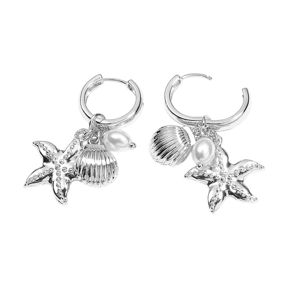 iLLASPARKZ Metal Starfish Sea Shell Pearl Charm Dangle Hoop Earrings