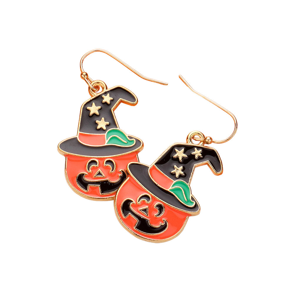 iLLASPARKZ Enamel Halloween Pumpkin in Witch Hat Dangle Earrings