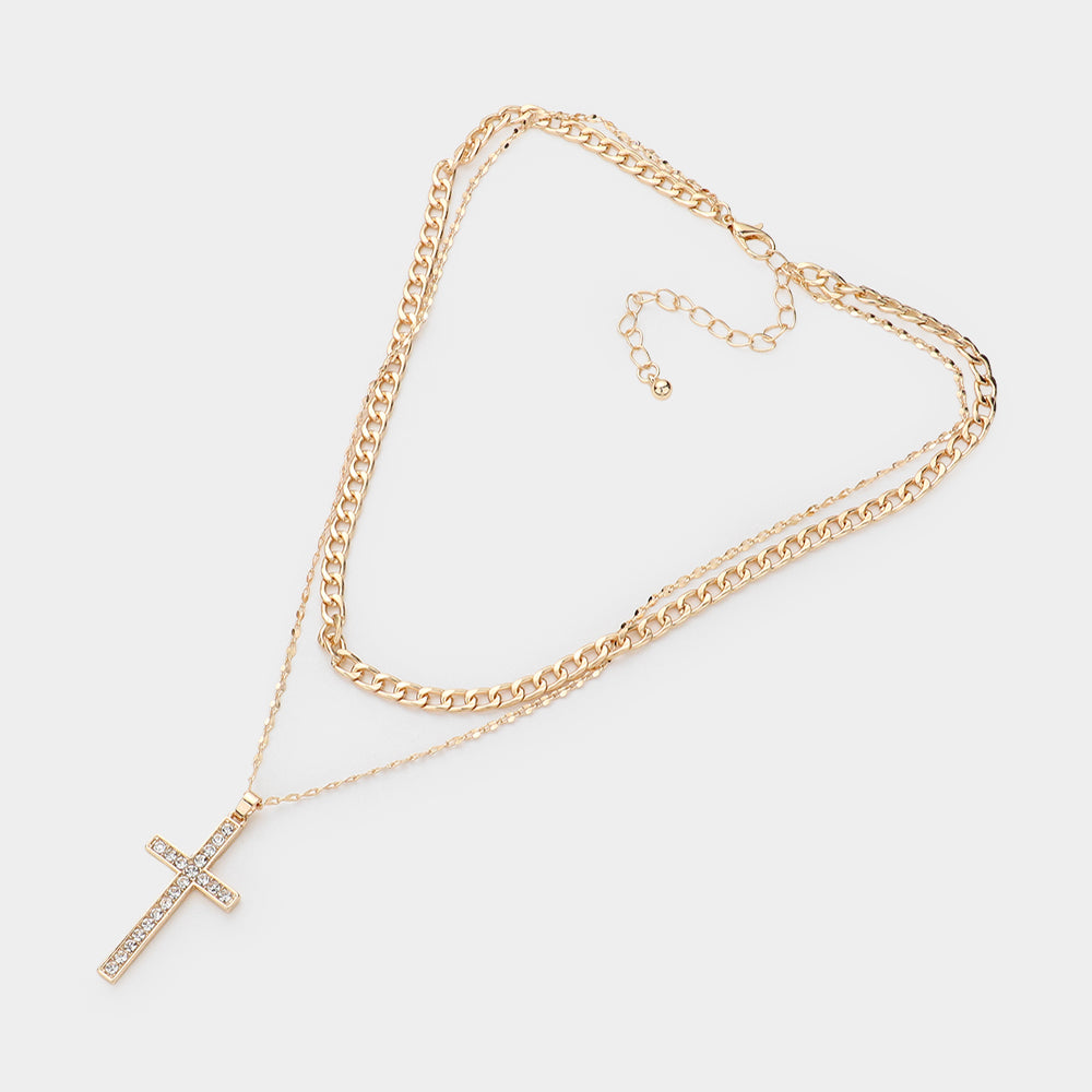 iLLASPARKZ Gold Dipped Stone Paved Cross Pendant Cuban Chain Layered Necklace