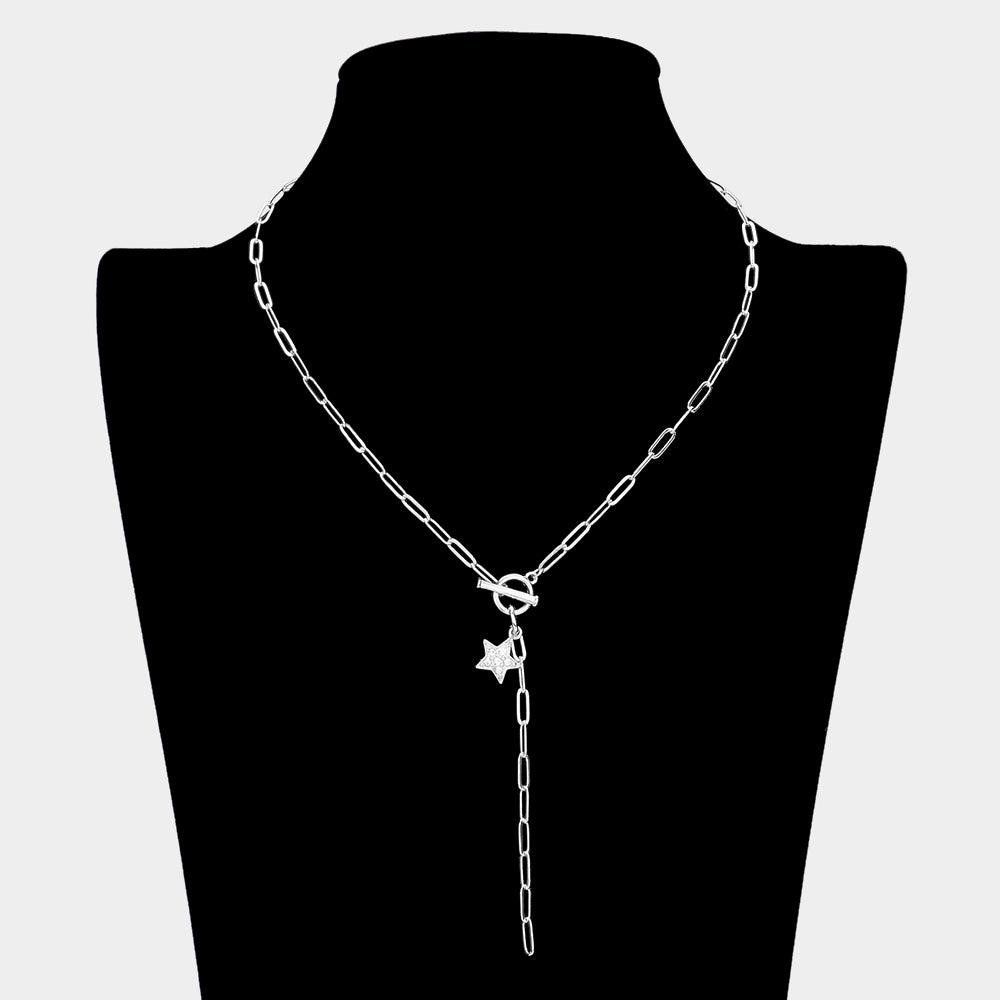 iLLASPARKZ SECRET BOX_Sterling Silver Dipped CZ Stone Paved Star Pointed Paper Clip Toggle Necklace