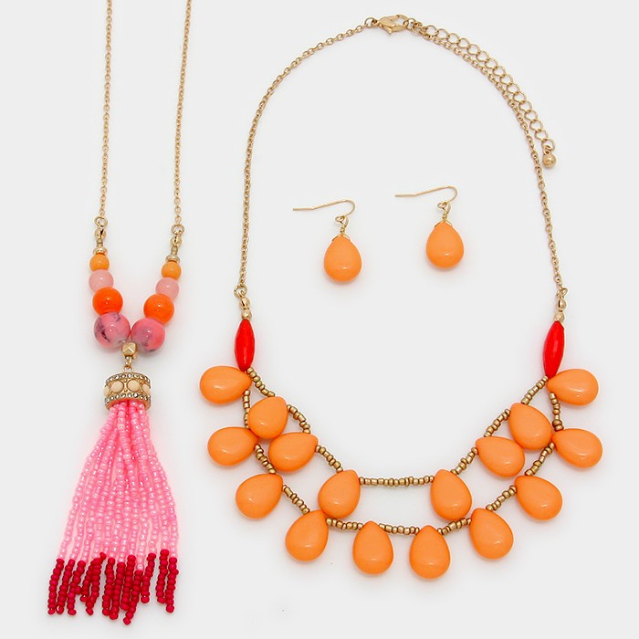 iLLASPARKZ Beaded Tassel Drop Long Necklace & Double Layer Teardrop Necklace