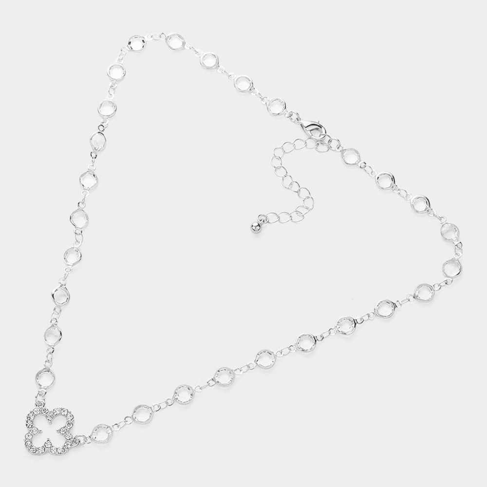 iLLASPARKZ Stone Paved Open Quatrefoil Pendant Pointed Clear Stone Bezel Station Necklace