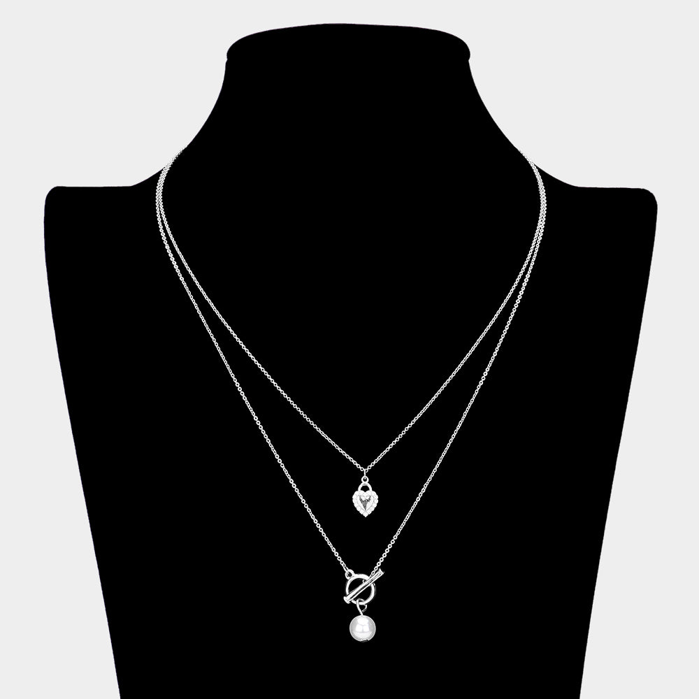 iLLASPARKZ SECRET BOX_Sterling Silver Dipped Pearl CZ Stone Paved Heart Pointed Layered Necklace