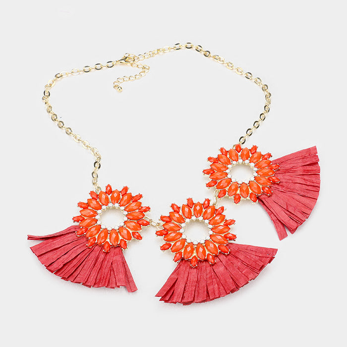 iLLASPARKZ Oval Stone Cluster Hoop Raffia Fringe Statement Bib Necklace