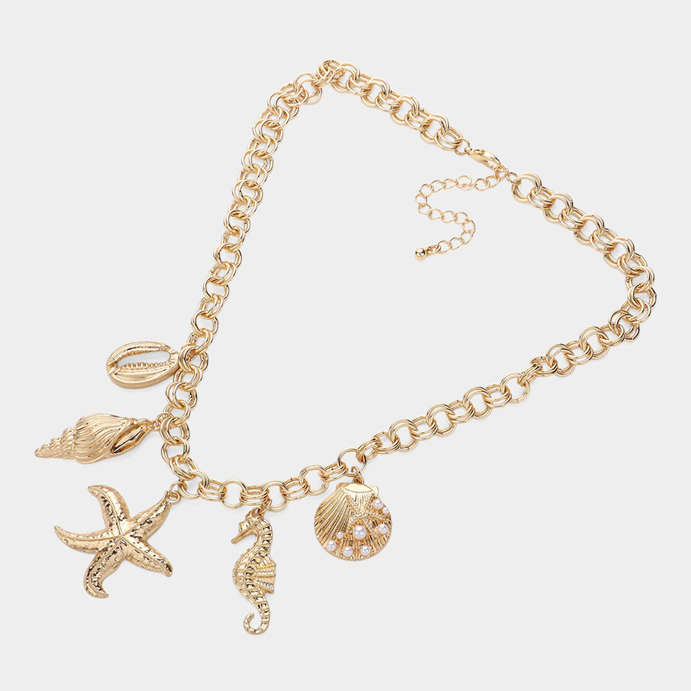 iLLASPARKZ Metal Starfish Seahorse Puka Shell Pearl Pointed Shell Charm Chunky Necklace