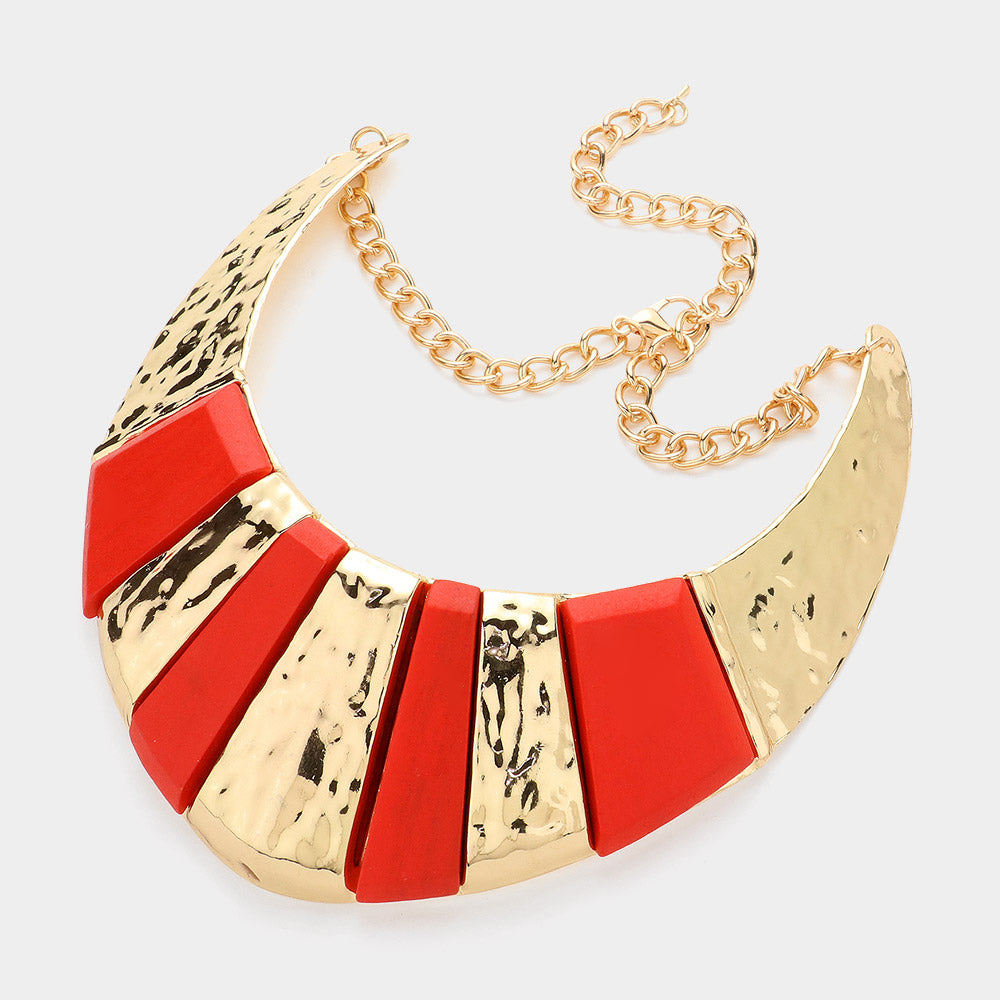 iLLASPARKZ Wood Pointed Hammered Metal Curved Bib Necklace