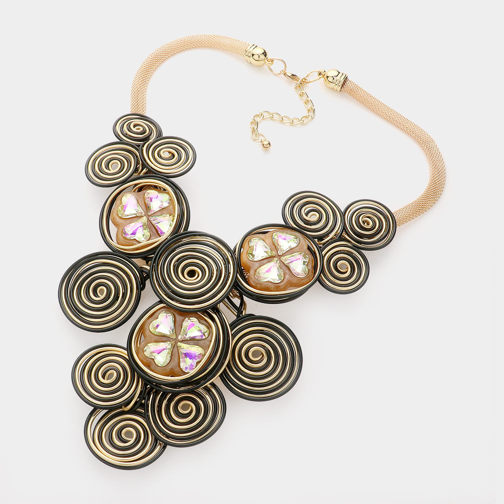 iLLASPARKZ Clover Stone Cluster Pointed Metal Coil Round Embellished Statement Necklace