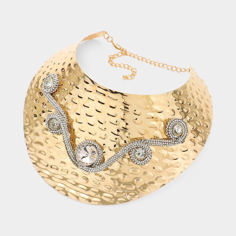 iLLASPARKZ Round Stone Pointed Abstract Mesh Metal Accented Hammered Metal Plate Statement Necklace