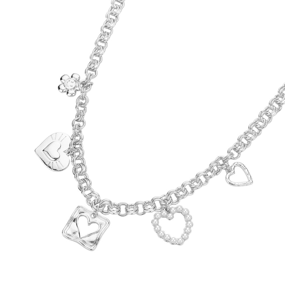 iLLASPARKZ Pearl Metal Heart Flower Charm Station Necklace