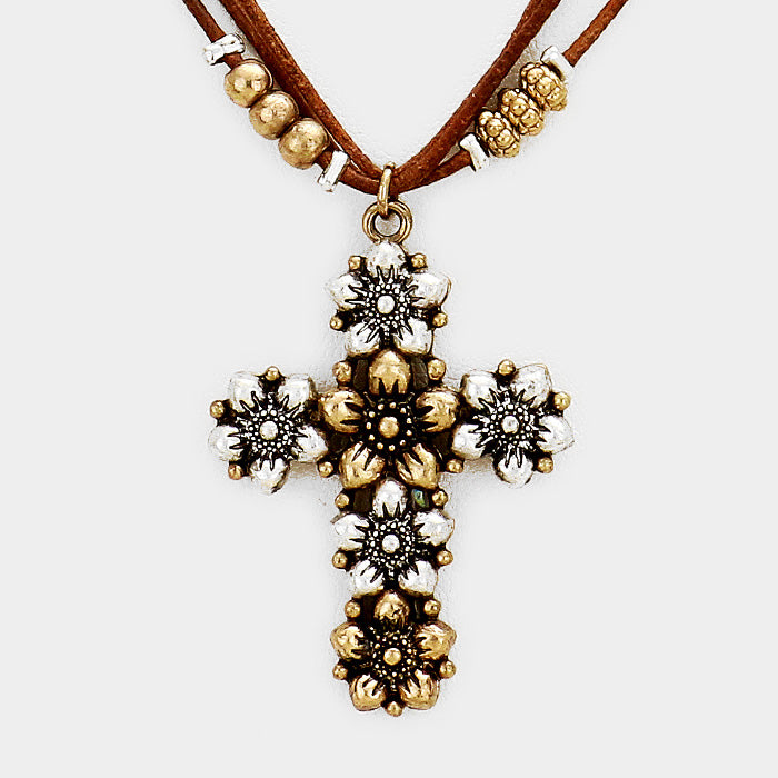 iLLASPARKZ Layered Cord Flower Cross Pendant Necklace