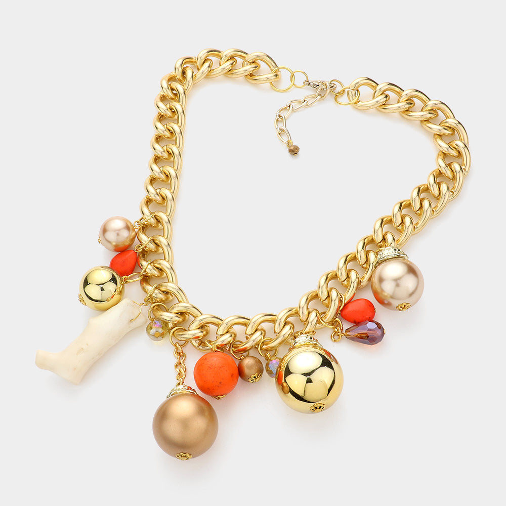 iLLASPARKZ Natural Stone Metal Ball Pearl Coral Link Statement Necklace