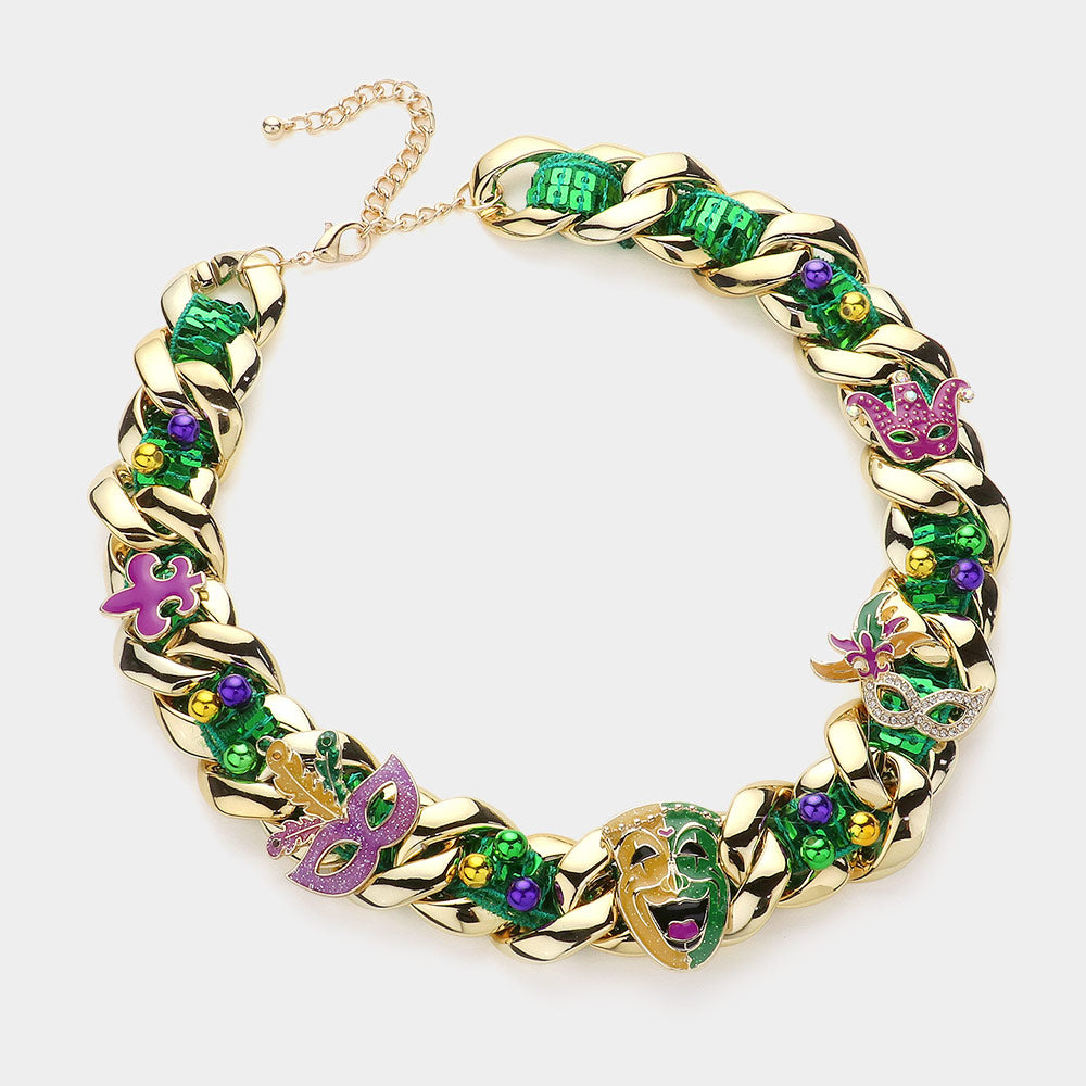 iLLASPARKZ Enamel Mardi Gras Charm Embellished Sequin Strap Braided Chain Necklace