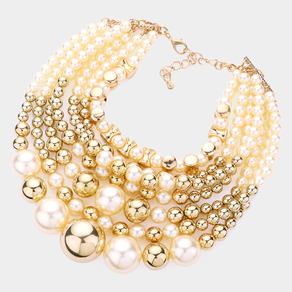 iLLASPARKZ 7Row Strand Pearl Metal Ball Statement Necklace