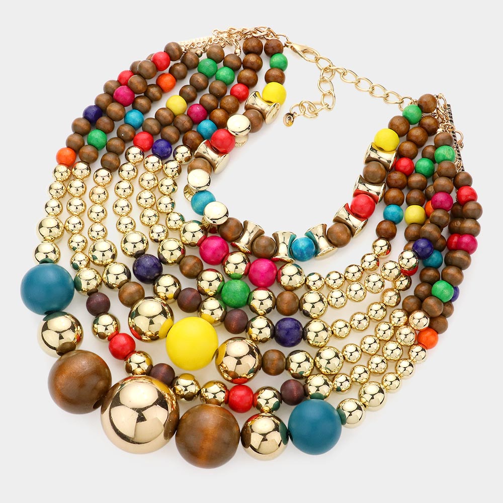 iLLASPARKZ Multi Strand Wood Metal Ball Statement Necklace