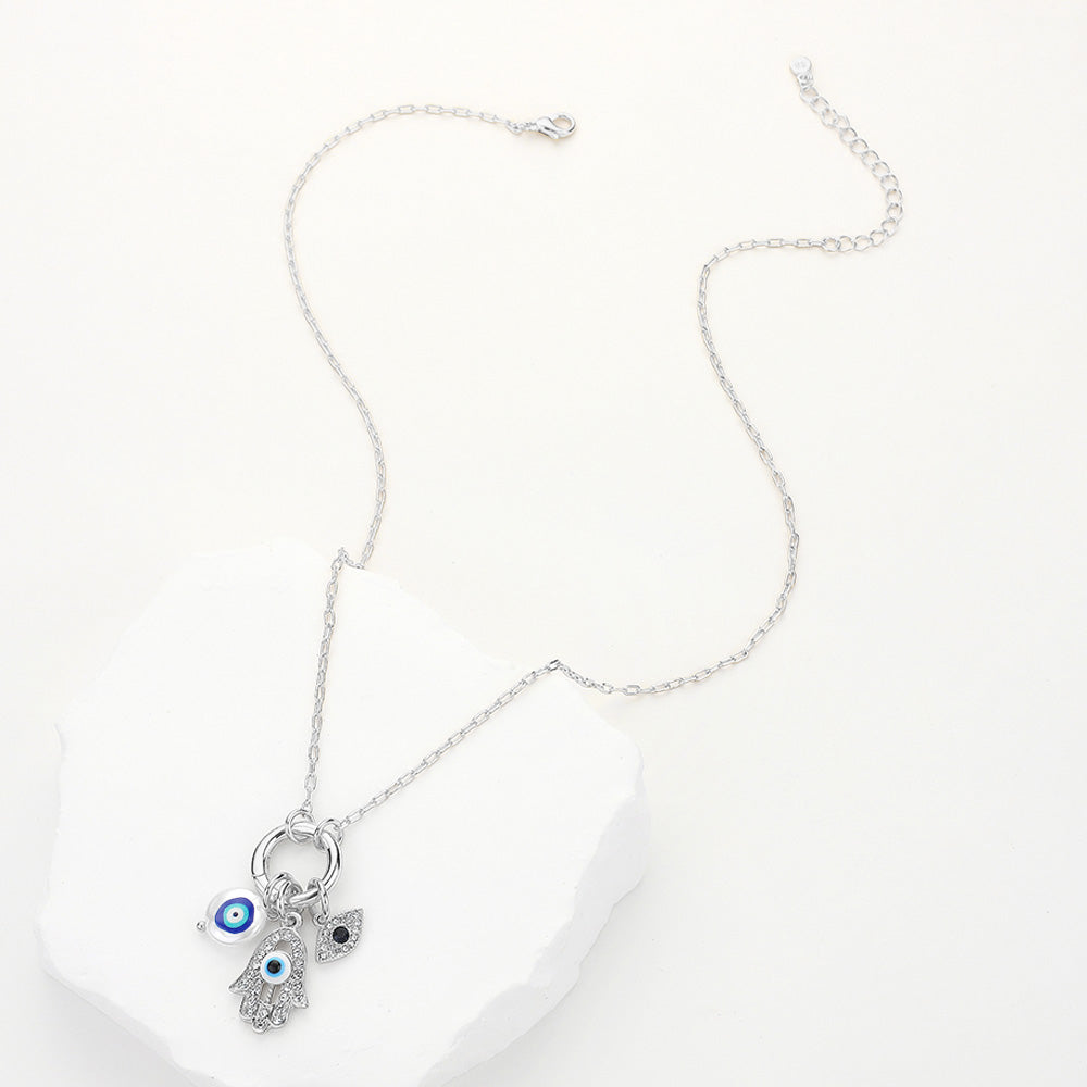 iLLASPARKZ SECRET BOX_Sterling Silver Dipped Stone Paved Evil Eye Hamsa Hand Enamel Evil Eye Pendant Necklace