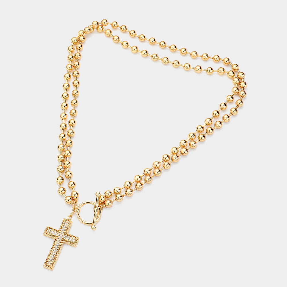 iLLASPARKZ SECRET BOX_Stone Pointed Cross Pendant Bubble Chain Toggle Necklace