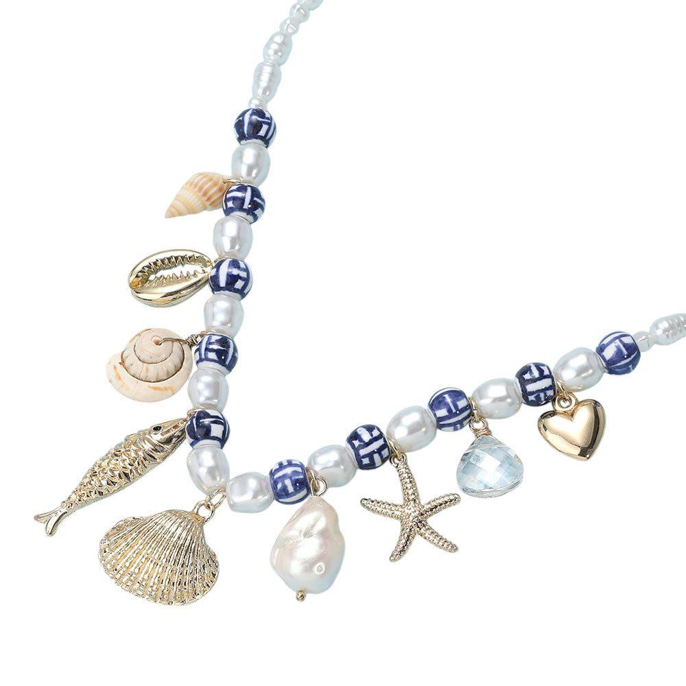 iLLASPARKZ Sea Shell Puka Shell Fish Heart Starfish Pearl Charm Ceramic Ball Pearl Beaded Necklace