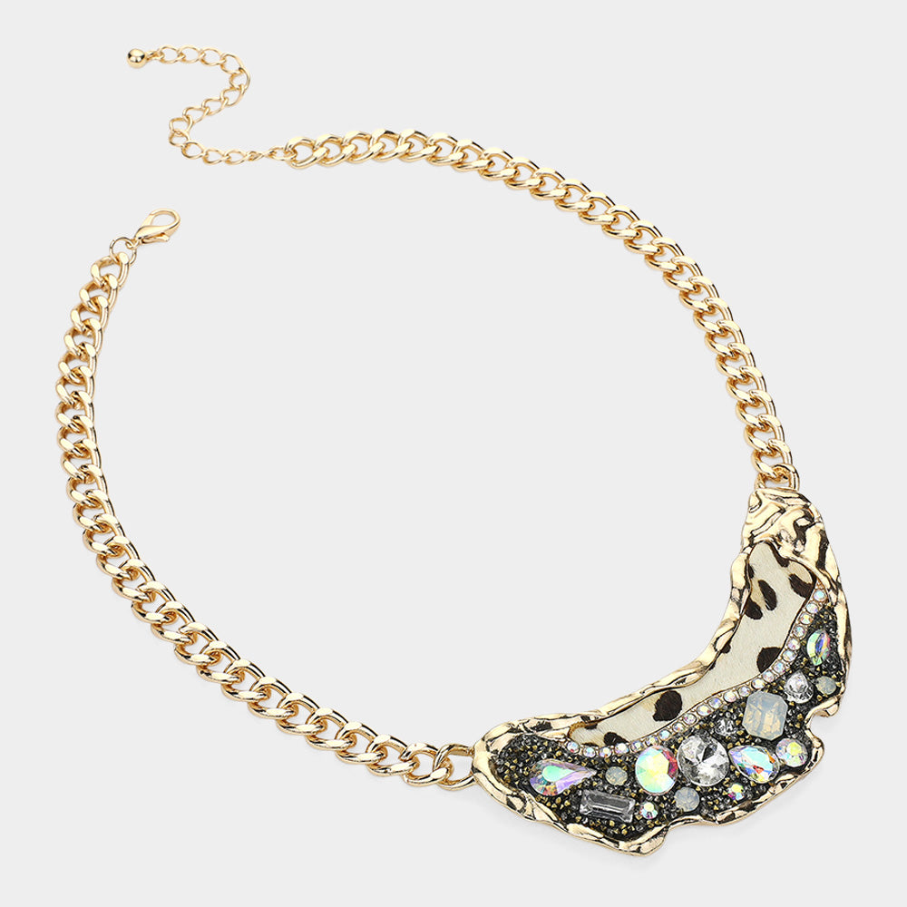 iLLASPARKZ Animal Printed Fur Sparkly Stone Embellished Bib Necklace