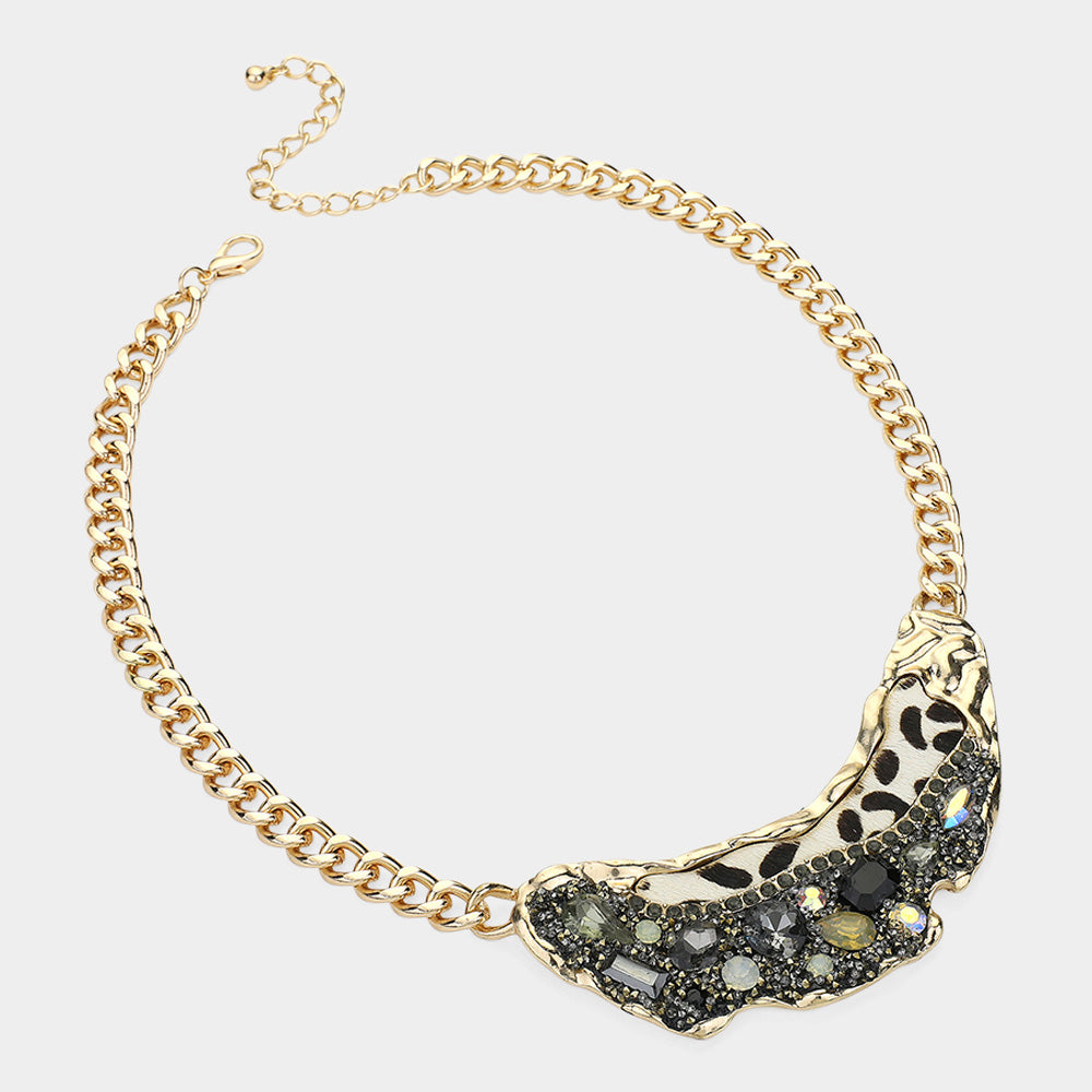 iLLASPARKZ Animal Printed Fur Sparkly Stone Embellished Bib Necklace