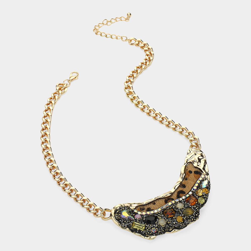 iLLASPARKZ Animal Printed Fur Sparkly Stone Embellished Bib Necklace