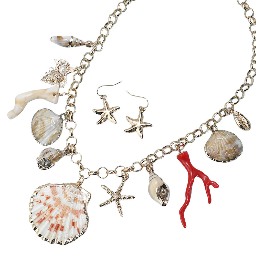 iLLASPARKZ Chunky Sea Shell Starfish Pearl Miter Shell Charm Station Necklace