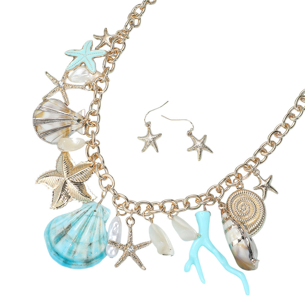 iLLASPARKZ Chunky Sea Shell Starfish Pearl Miter Shell Charm Station Necklace