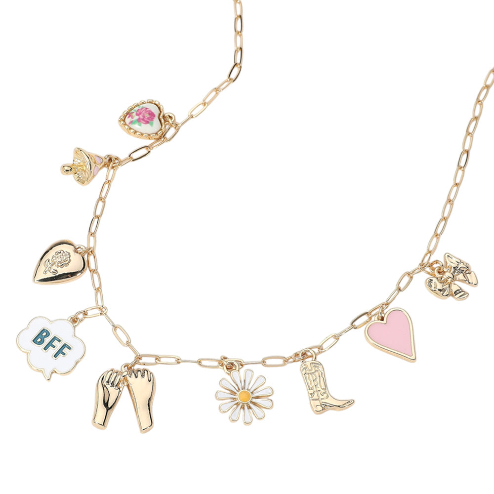 iLLASPARKZ BFF Message Flower Heart Bow Mushroom Boot Charm Station Paperclip Chain Necklace