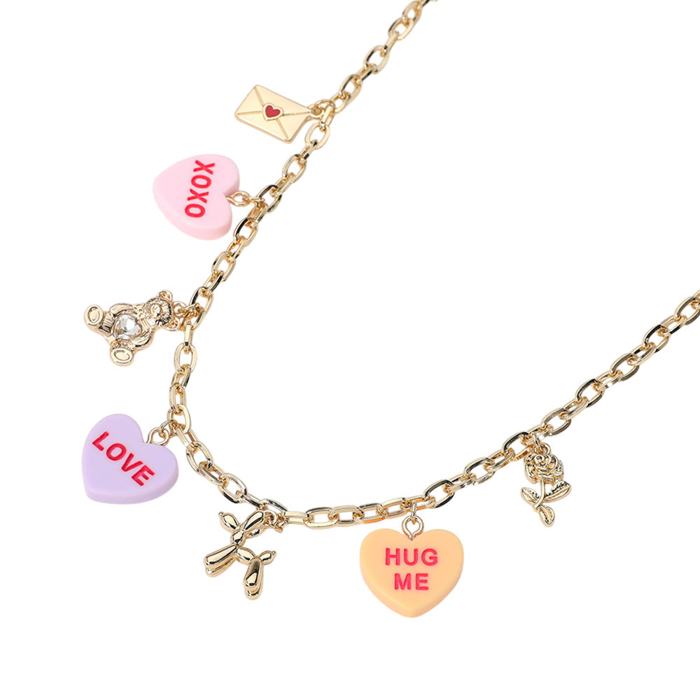 iLLASPARKZ XOXO LOVE HUG ME Message Heart Metal Balloon Dog Teddy Bear Love Letter Charm Station Necklace