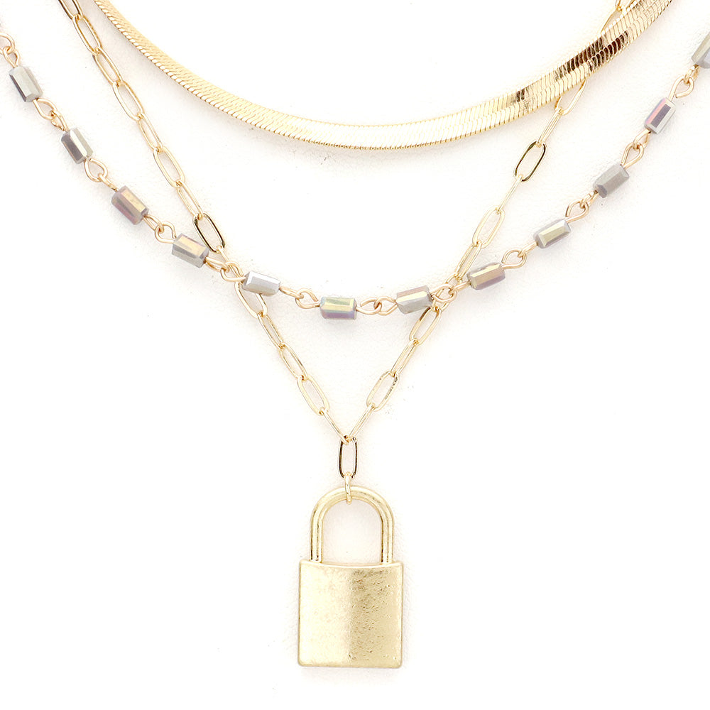 iLLASPARKZ Metal Lock Pendant Triple Layered Necklace