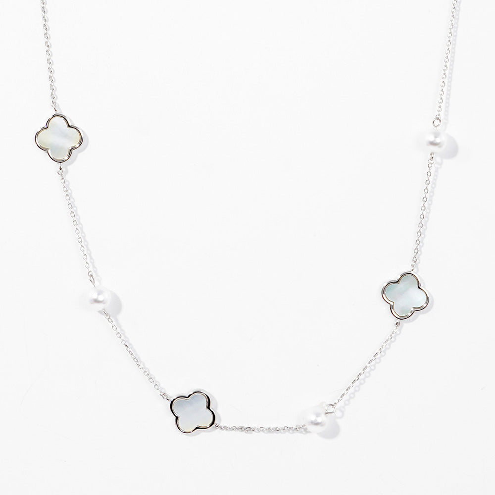 iLLASPARKZ White Gold Dipped Mother of Pearl Quatrefoil Station Necklace