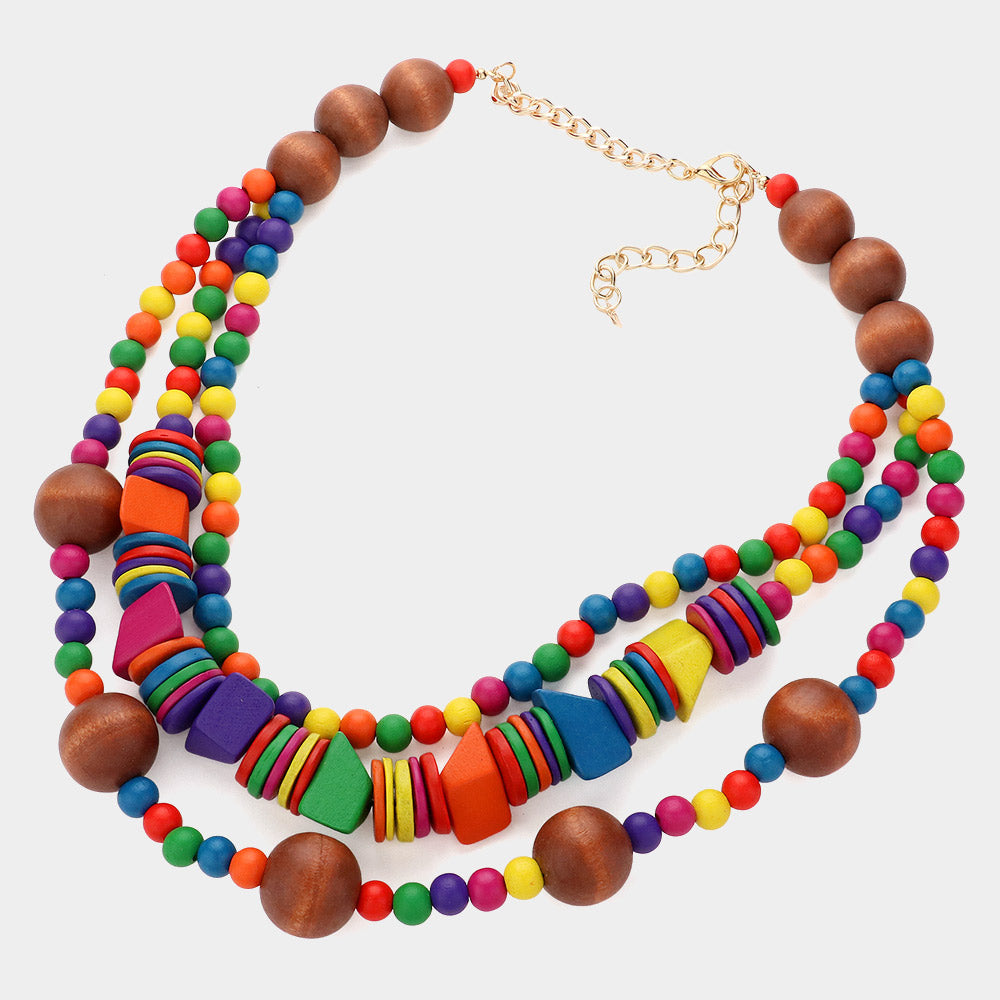 iLLASPARKZ Wood Ball Beaded Triple Layered Statement Necklace