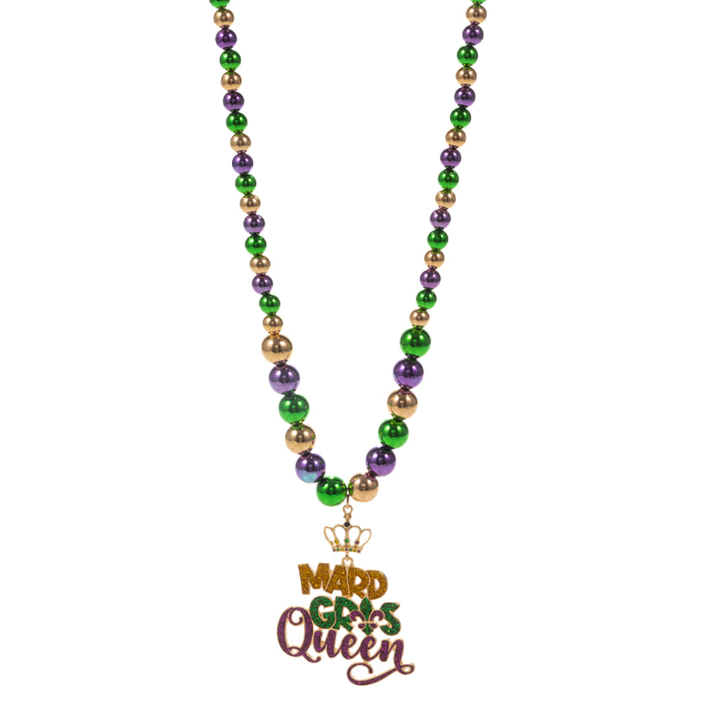 iLLASPARKZ Glittered Enamel Mardi Gras Queen Message Pendant Pointed Beaded Necklace