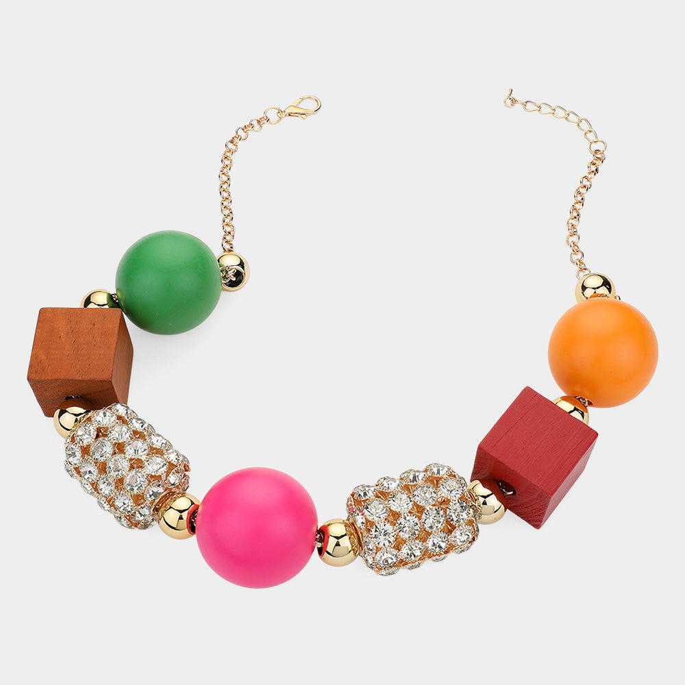 iLLASPARKZ Wooden Ball Cube Rhinestone Tube Link Statement Necklace