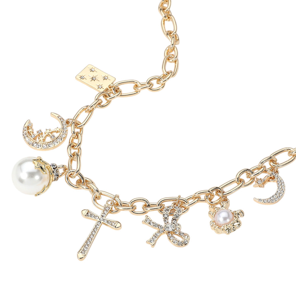 iLLASPARKZ Stone Paved Cross Bow Crescent Pearl Charm Station Chain Necklace