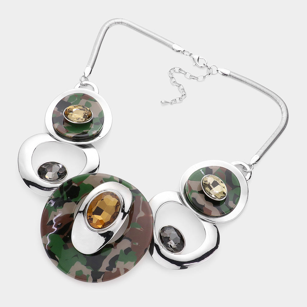 iLLASPARKZ Camouflage Patterned Celluloid Acetate Glass Stone Metal Statement Necklace