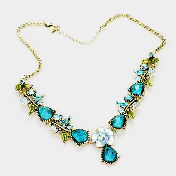 iLLASPARKZ Colored Metal Flower Leaf Teardrop Stone Bib Necklace