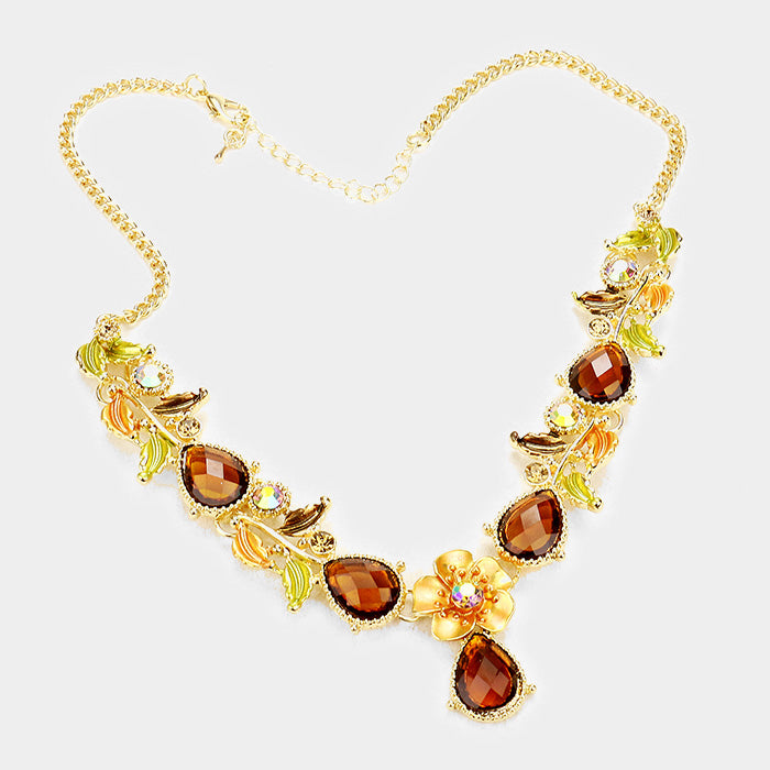 iLLASPARKZ Colored Metal Flower Leaf Teardrop Stone Bib Necklace