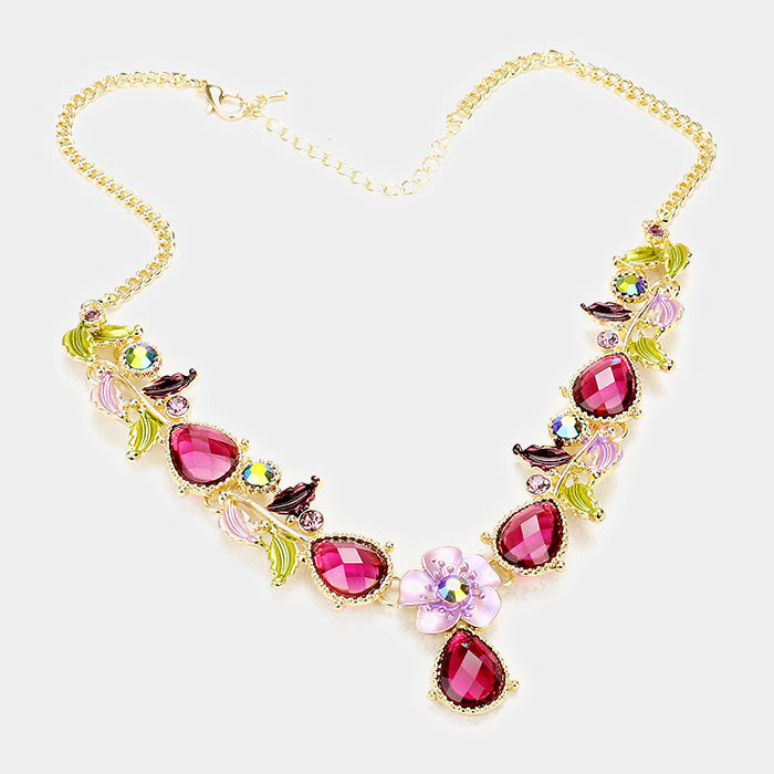 iLLASPARKZ Colored Metal Flower Leaf Teardrop Stone Bib Necklace