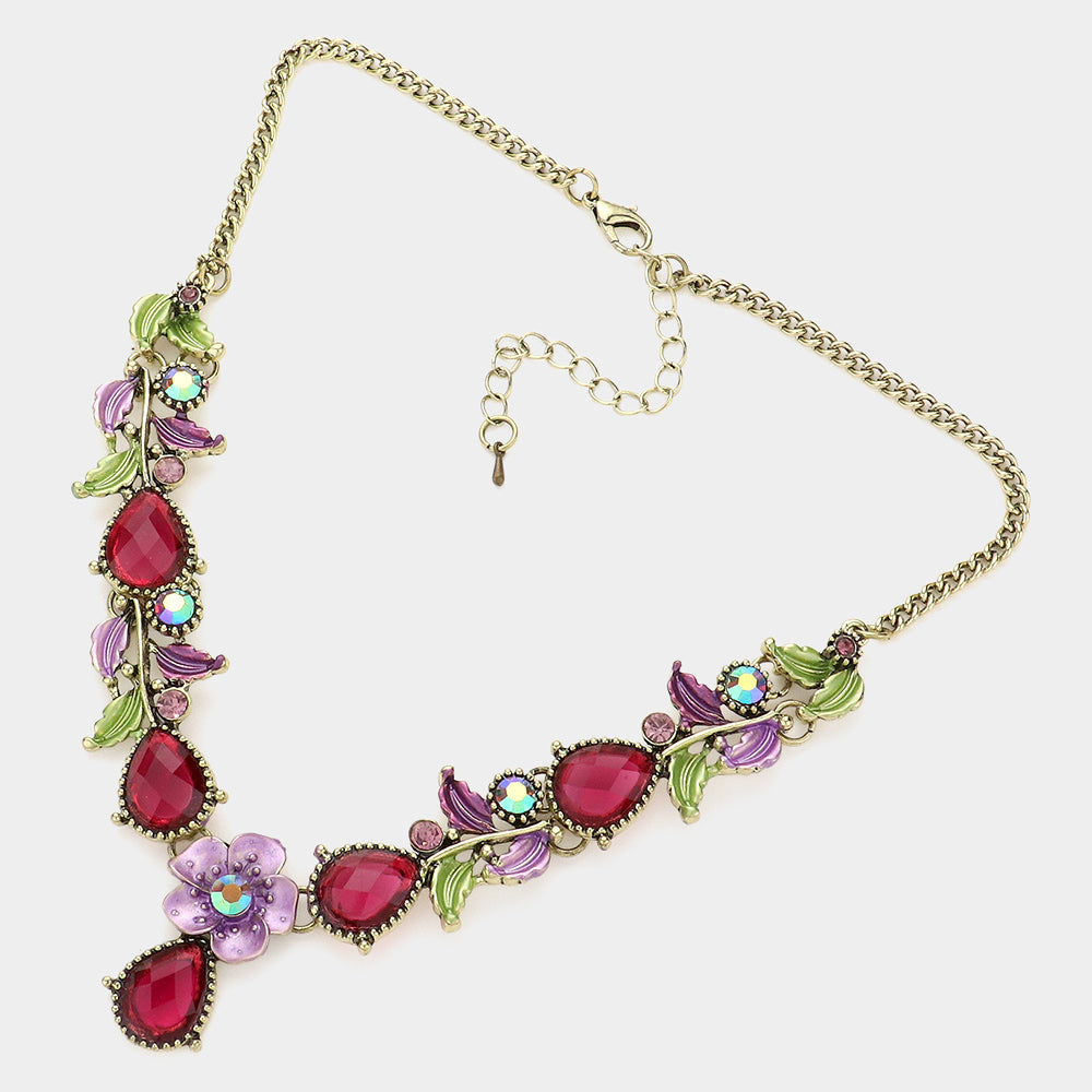 iLLASPARKZ Colored Metal Flower Leaf Teardrop Stone Bib Necklace