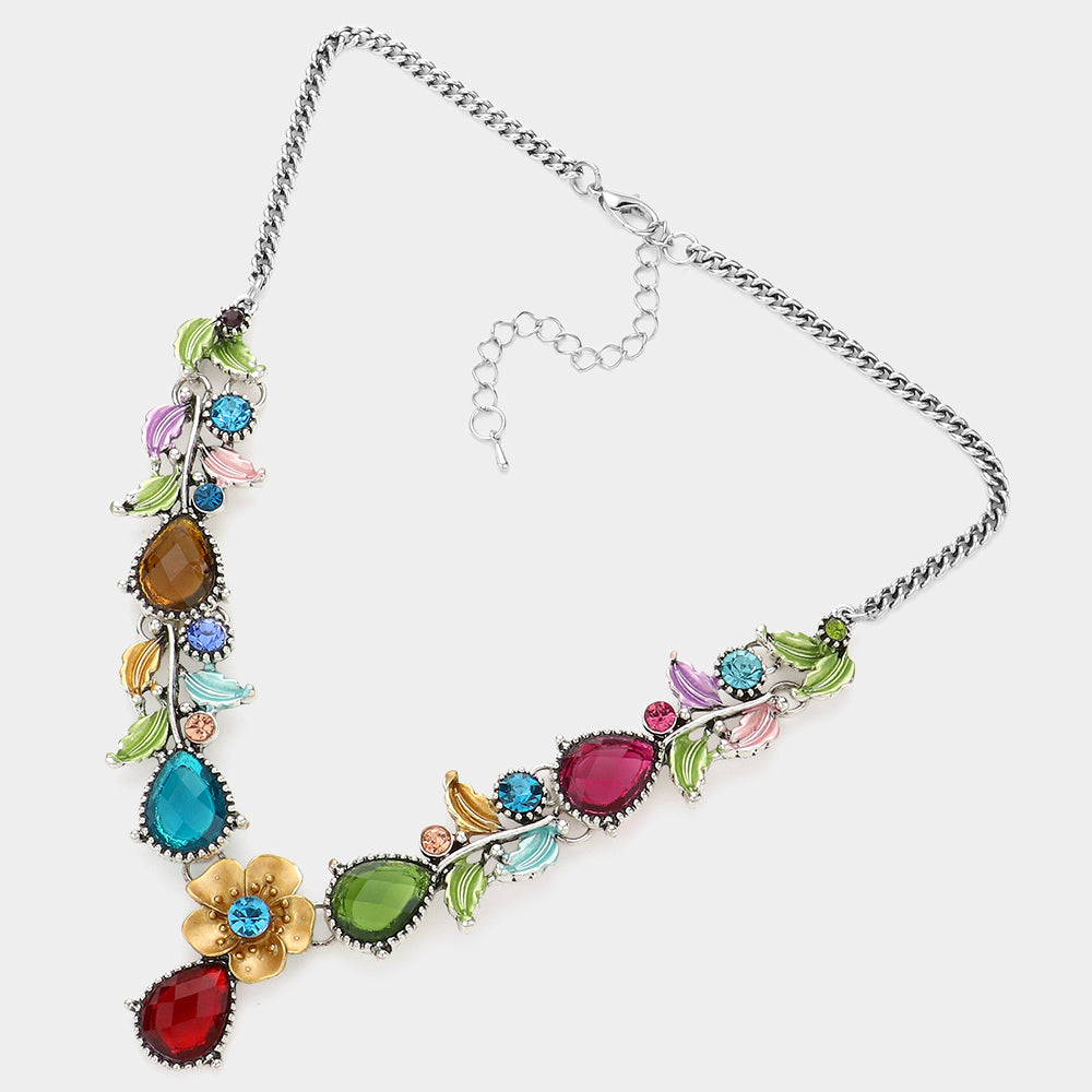 iLLASPARKZ Colored Metal Flower Leaf Teardrop Stone Bib Necklace