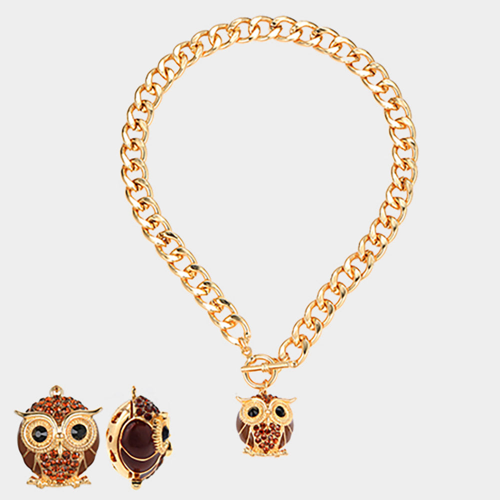 iLLASPARKZ Stone Embellished Owl Pendant Toggle Necklace