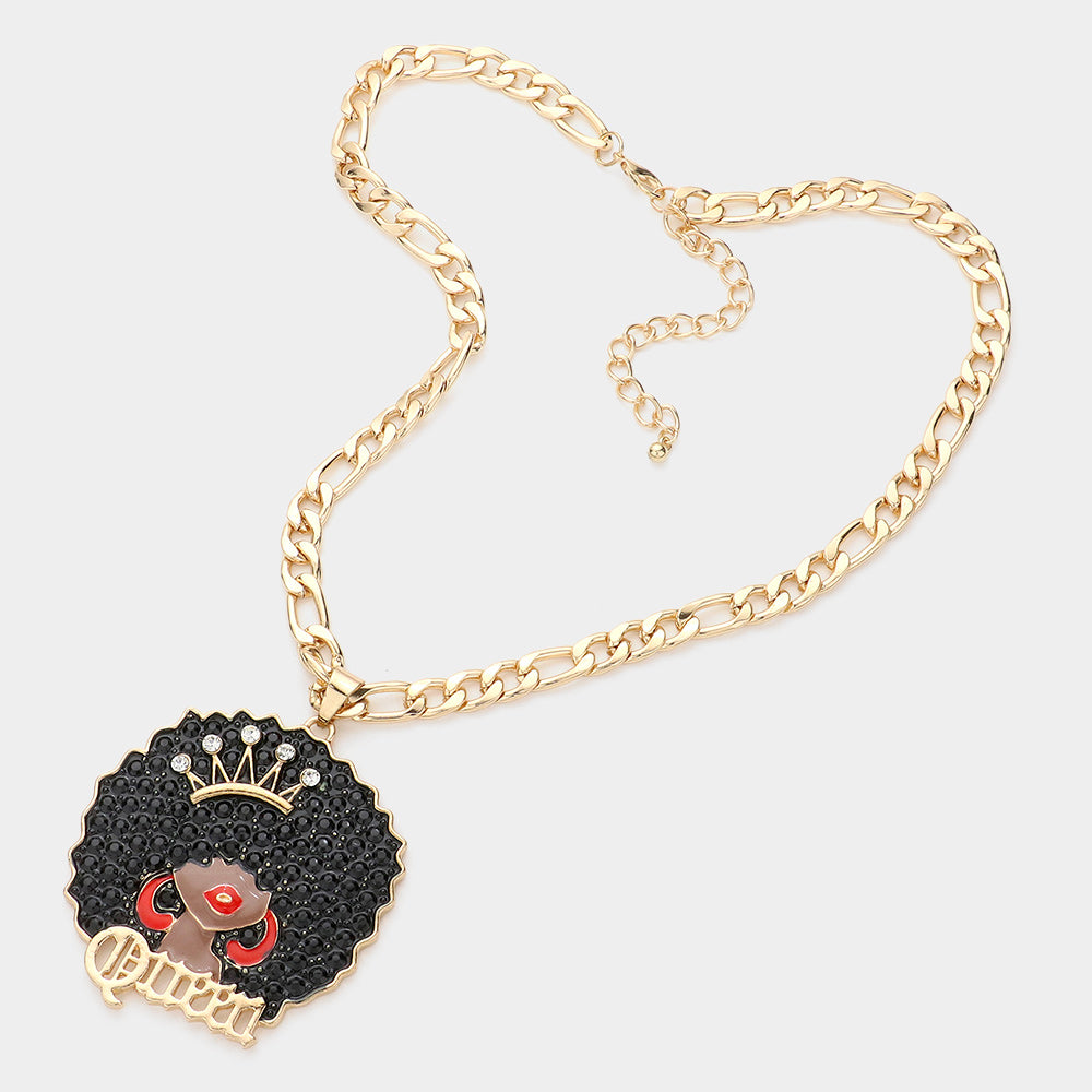 iLLASPARKZ Stone Embellished Queen Message Afro Girl Pendant Necklace